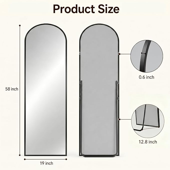 Antok Full Length Mirror, 59"x18" Floor Mirror with Stand, Hanging Mounted Mirrors for Bedroom, Living Room, Cloakroom, Dining Room, Black, Arched