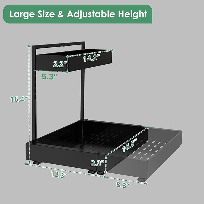REALINN L-Shaped Under Sink Organizer with 6-Level Height Adjustment & Expandable Width, Pull-Out Cabinet Storage Rack with Quiet Sliding Rails for Kitchen, Bathroom, Laundry Room Cabinets, Black