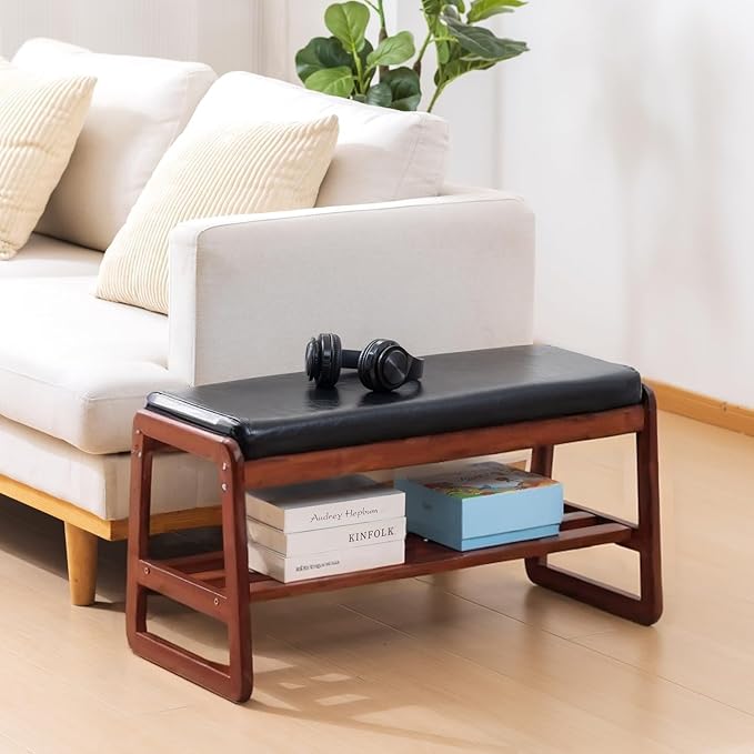 SOBIBO Solid Wood Shoe Bench, 2-Tier Wooden Entryway Bench, Modern Shoe Rack with Cushion for Hallway, Living Room (Black, 31.5'')