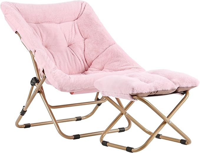 Tiita Folded Chair with Straight Ottoman, Soft Faux Fur Oversized Folding Accent Chair,Lazy Chair, Metal Frame Moon Chair for Bedroom, Living Room, Dorm Rooms, Garden and Courtyard, Pink