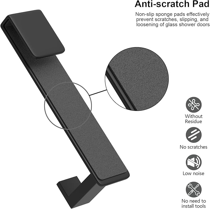 HUFEEOH 2-Pack Shower Towel Hooks, Stainless Steel 7.5-Inch Extended Over Door Hooks for Frameless Glass Shower Door, Heavy Duty Towel Rack for Bathroom, Holds Robes & Towels, Black