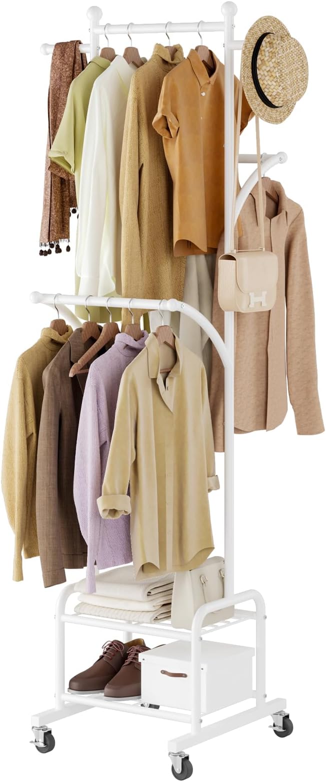 Rolling Clothes Rack with 2 Metal Shelves, 71" Portable Clothing Rack with Wheels, Small Garment Rack with 2 Side Hanging Rods, Freestanding Coat Rack for Laundry Room, Bedroom, White