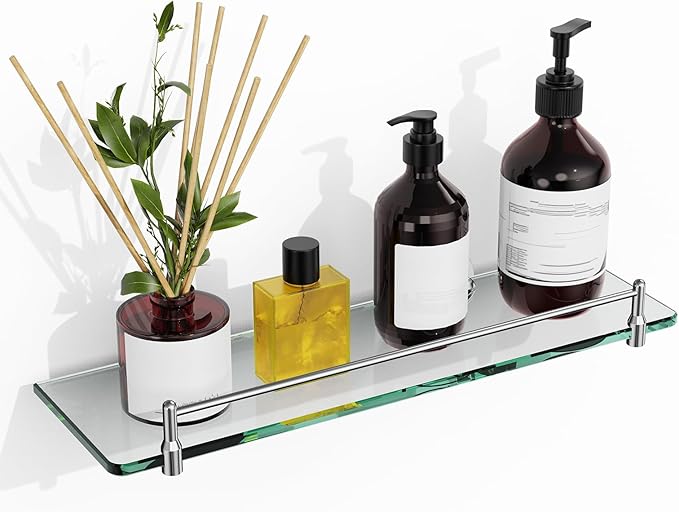 Glass Bathroom Shelves,Chrome Polished Floating Shelves for Wall Rectangular Modern Stainless Steel Glass Shelf for Bathroom Shelves wall Mounted 16 Inch