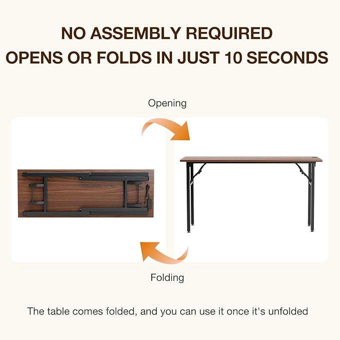 TEMI Long Computer Desk Folding Table - No Assembly, Compact 55.1" Foldable Desk with Power Outlets & USB Charging Port, Portable Lagre Office Desk, Ideal Large Study Table for Narrow Spaces, Walunt