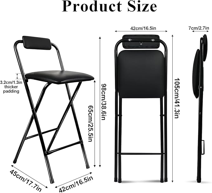 Folding Stool with Back – 1Pcs Height for Kitchen Counter & Bar Table, Extra Thick Cushion, Heavy Duty, Portable for Camping, Music Practice, Standing Desk – No Assembly Required 25.5 Inch