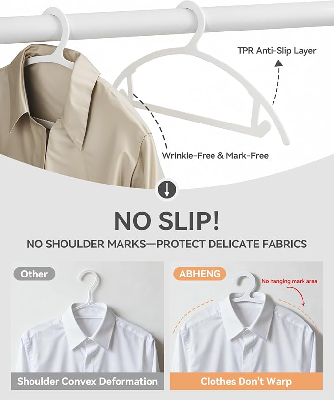 ABHENG 50 Pack Clothes Hangers, Non Slip Heavy Duty Plastic Hangers, Space Saving All-in-One Garment Hangers for Dresses Suits Jeans Knits, Hold Up to 11 LB Dry & Wet, 16.4" x 8.3", White, UAPY0850W