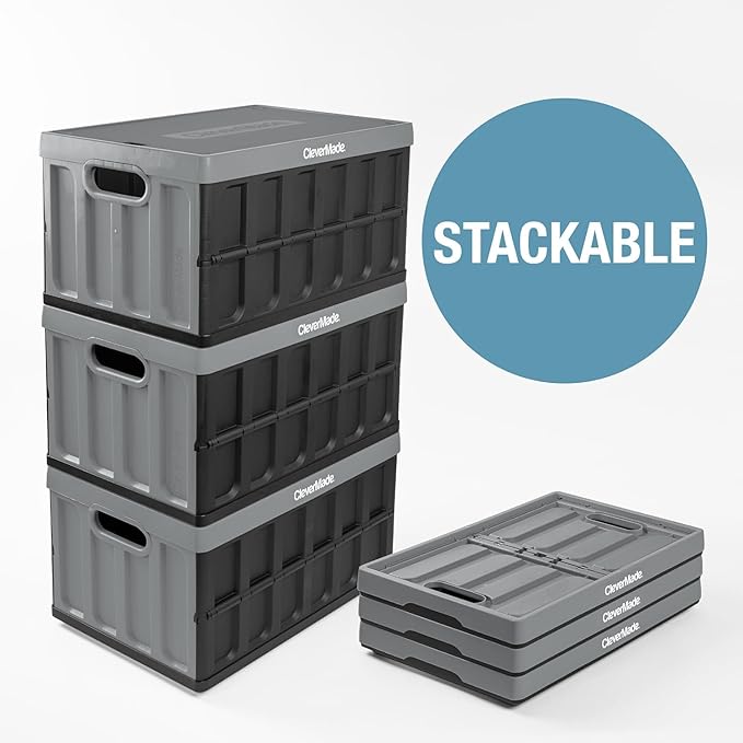 CleverMade Collapsible Storage Bins with Lids (62L, 3 Pack) – Heavy Duty Foldable Plastic Storage Crates for Garage, Closet & Trunk Organization - Stone