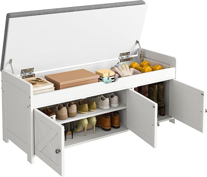 Pipishell 2-Tier Shoe Storage Bench with Cushioned Seat, Entryway Bench with Adjustable Shelf & Barn Doors, 300 lbs Capacity, 39.4" W x 16" D x 18" H, for Entryway, Bedroom, Living Room, White