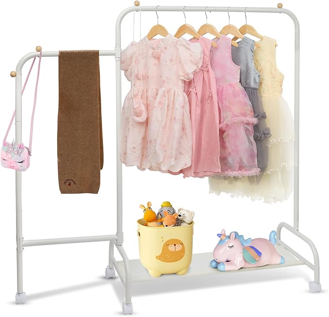 YGJT Multifunctional Kids Clothing Rack, Baby Garment Rack for Hanging Clothes with Wheels and Bottom Storage Shelf, Small Clothes Rack Dress Up Storage Rack for Coats, Skirts, Costume(Single)