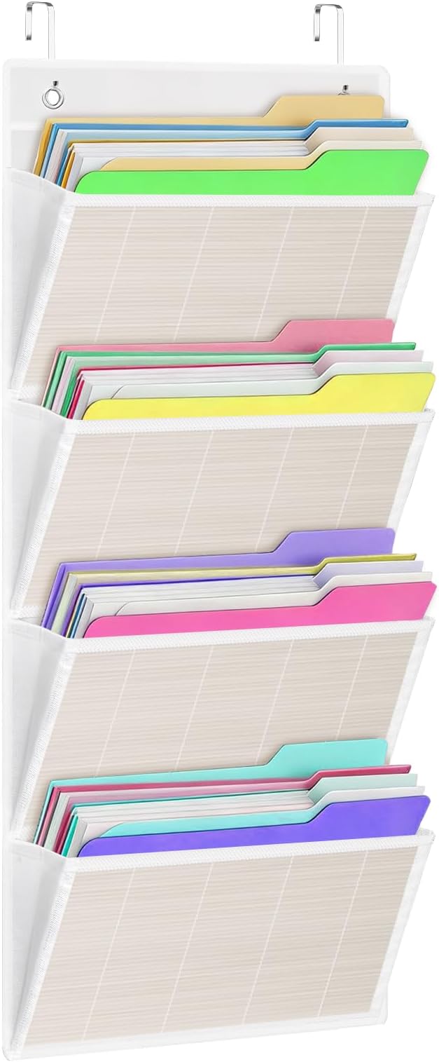homyfort hanging wall file organizer, Over the door file folder organizer with 4 Large Bamboo Pockets, Suitable for Home, Office, Back to School Supplies Storage and Organization (White)