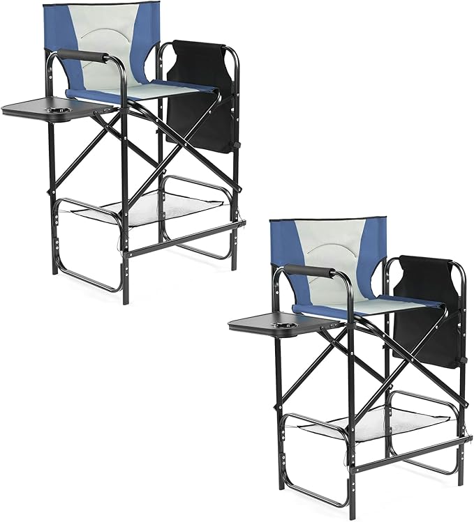 Outvita 2 Piece 31" Tall Directors Chair Height Seat Folding with Side Table Storage Bag, Support for 300Lbs Portable Makeup Artist Chair with Bar Height(Blue/Grey)