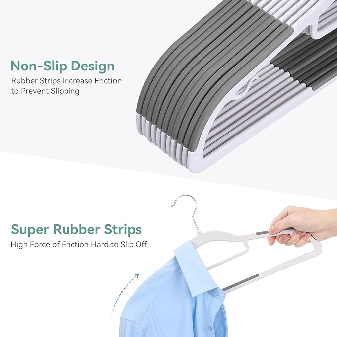 NCXTKJ 50 Pack Non-Slip Plastic Hangers with Tie Rack, Slim Space-Saving Clothes Hangers – Heavy Duty Plastic Hangers for Suit, Shirts, Pants, Dorms & Home Organization, White and Dark Gray