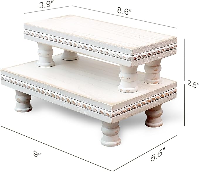 Wood Tray Pedestal Stand, Waterproof Bathroom Counter Organizer, Modern Farmhouse Riser for Soap/Candle/Sponge White Set （Middle+ Small
