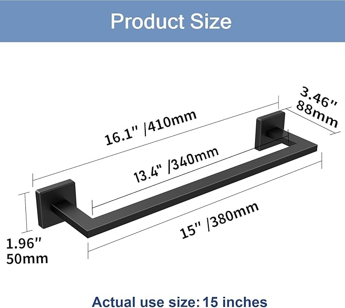 Matte Black Towel Bar, 16 Inch Towel Rack for Bathroom Wall Mounted, Thicken Stainless Steel Heavy Duty Hand Towel Holder, Space Saving Towel Rod Modern Home Decor