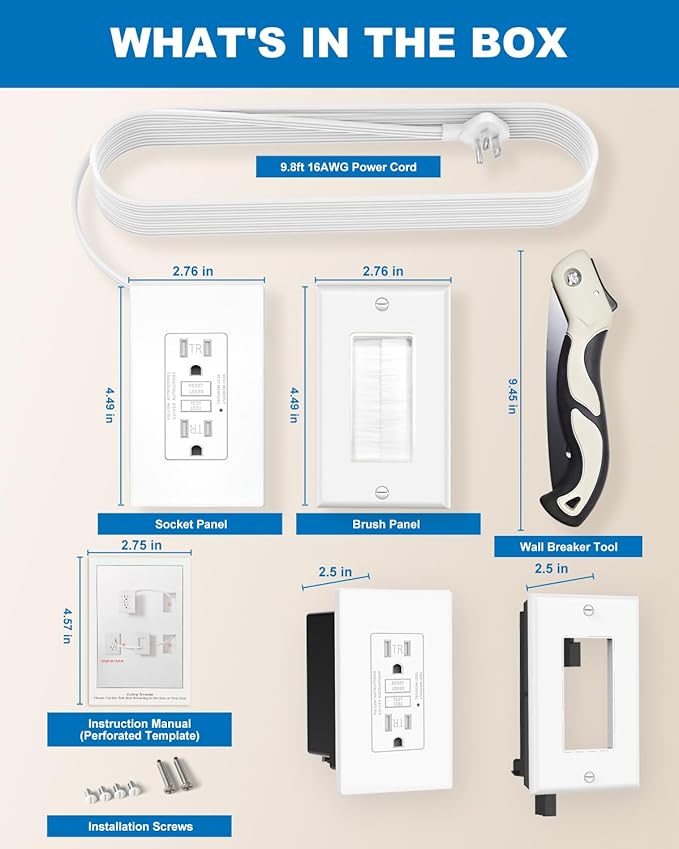 GFCI Outlet 15 Amp in-Wall Cable Management Kit with 9.8FT Cord, Tamper-Resistant Receptacle with LED Indicator, Self-Test Ground Fault Circuit Interrupter, UL Listed, Outlet Relocation Kit