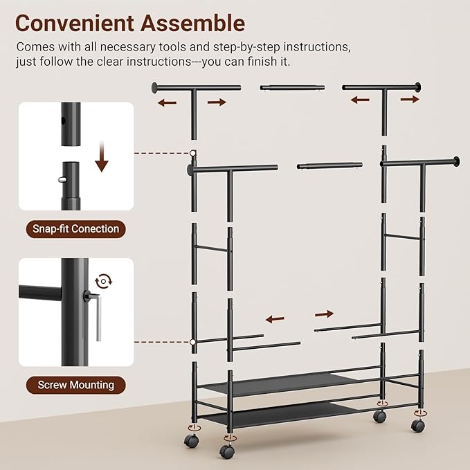 SLEEPING LAMB 44" Double Rods Clothes Rack for Hanging Clothes, Sturdy Wardrobe Clothing Rack with 3 Tier Shelves, Portable Rolling Garment Rack With Wheels for Bedroom, Laundry Living Room, Black