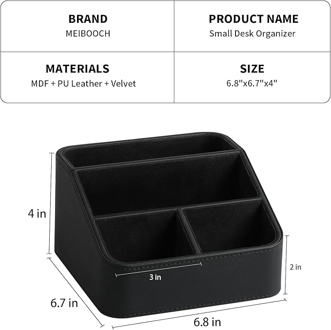 Remote Control Holder, PU Leather Small Desk Organizer with 4 Compartments, Nightstand Organizer Office Desk Accessories Desk Caddy for Countertop Bedside End Table (Black)
