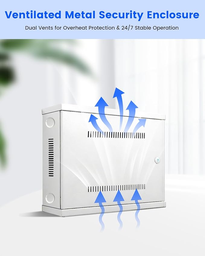 DVR Lock Box & NVR Enclosure, Heavy Duty Lockable Metal Cabinet for CCTV Surveillance, Wall Mount with Ventilation & Cable Management