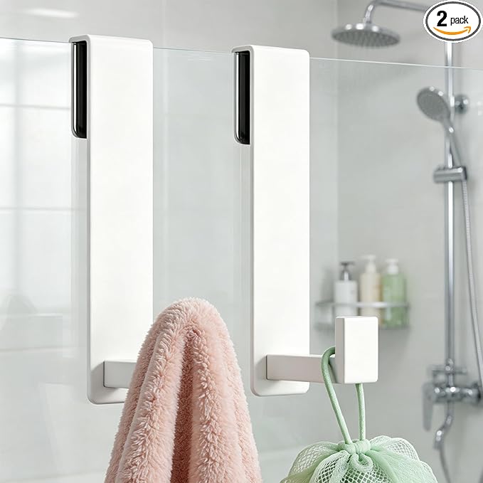 HUFEEOH Shower Door Towel Hooks, Stainless Steel Over Glass Door Hooks, Robe Hanger Fits Frameless Glass Shower Doors up to 3/8" Thick (White, Fits 3/8" Thick Door - L Shape - 2 Pack)