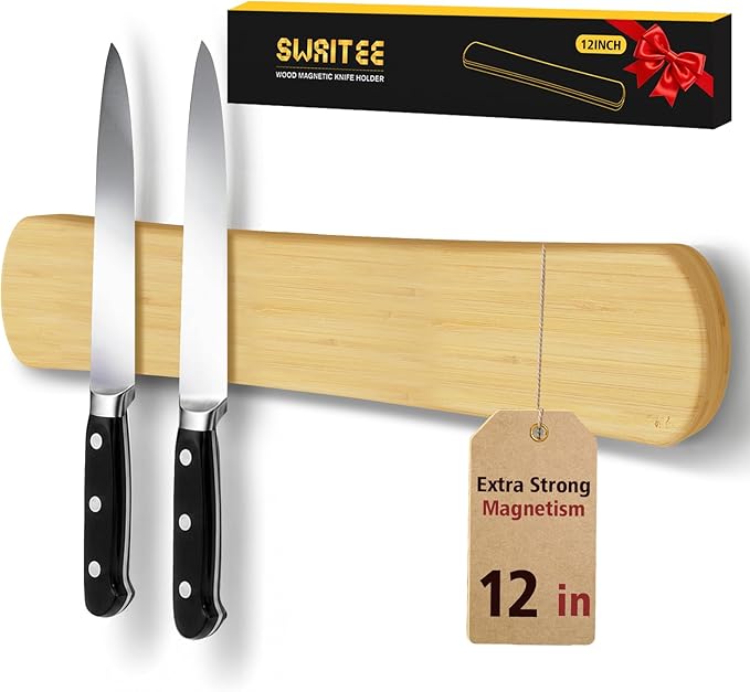 Swaitee Magnetic Knife Holder for Wall, 12 Inch Bamboo Magnetic Knife Strip, Kitchen Storage Organizer, Fridge Side Mount, Housewarming Gifts for New Home