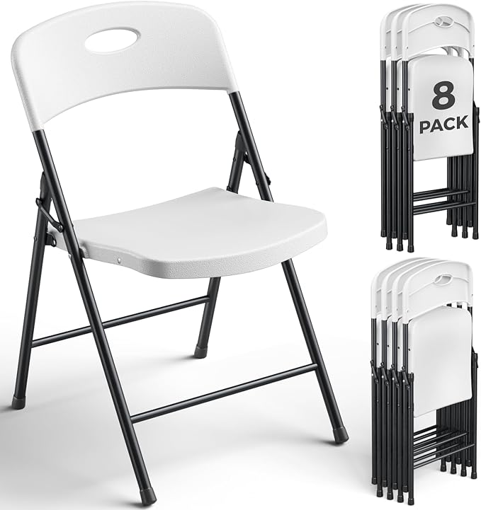 8 Pack White Folding Chair, Plastic Portable Stackable Commercial Seats with Steel Frame 350lb, Heavy Duty Foldable Chair for Indoor and Outdoor, Patio, Office, Picnic, Kitchen, Events