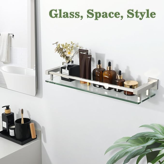 Alise Glass Shelf for Bathroom 20 inch, Brushed Nickel Glass Floating Shelves, Stainless Steel Glass Bathroom Shelves Wall Mounted