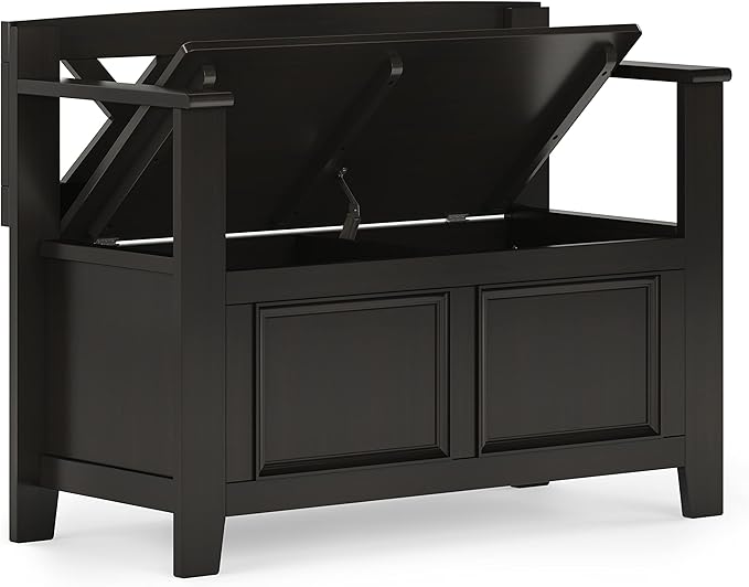 SIMPLIHOME Amherst Entryway Storage Bench - 36 inch Wide Solid Wood Hallway Bench in Hickory Brown, Transitional Bench for Entry or Mudroom with Lift-Up Lid, Storage Compartments and X-Back Detail