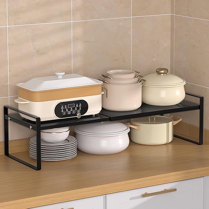 Expandable Cabinet Shelf Organizer Adjustable Storage Rack Stackable Metal Home Organization for Kitchen Pantry Spice Cupboard Under Sink Countertop - Black, 1 Pack