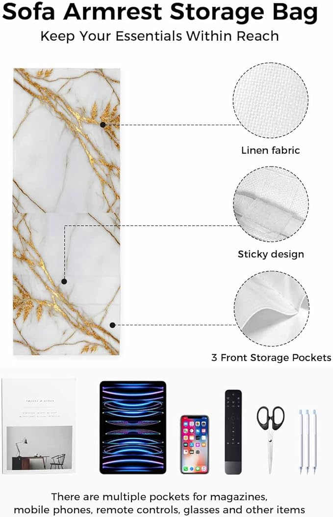 Sofa Armrest Organizer Bedside Caddy, White Yellow Marble Non Slip Couch Remote Control Holder for Recliner, Ink Painting Modern Art Armchair Caddy with Pocket for Magazine, Phone, 13"x35"