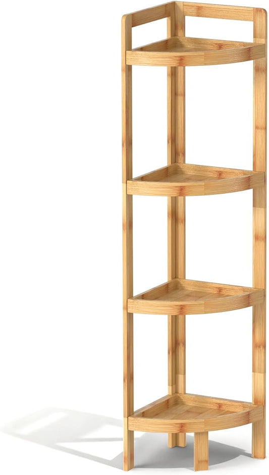 2026 New Bamboo Standing Shelf, 4 Tier Corner Shelf Stand, Free-Standing Shelf Units, Triangular Curved Corner Shelf Stand for Space-Saving Display Ideal for Bathroom/Kitchen/Living Room Storage