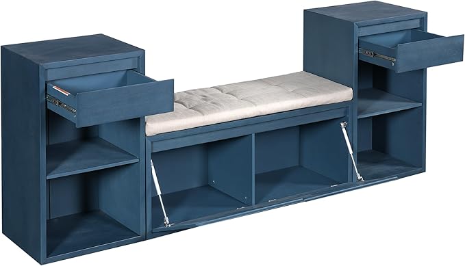 Merax All-in-One Shoe Storage Bench with Cushion & Flip Compartments, Entryway Bench with Drawers and Open Shelves, Solid Wood Vintage Storage Bench for Mudroom Hallway Living Room, Antique Navy