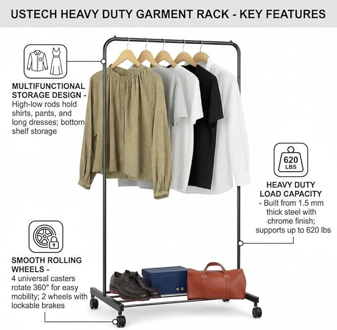 USTECH Heavy Duty Garment Rack with Sturdy Wheels | 450 lb Load Capacity | Adjustable Metal Clothing Anti-Slip Rack for Hanging Clothes, Lockable for Stability (Single Rod)