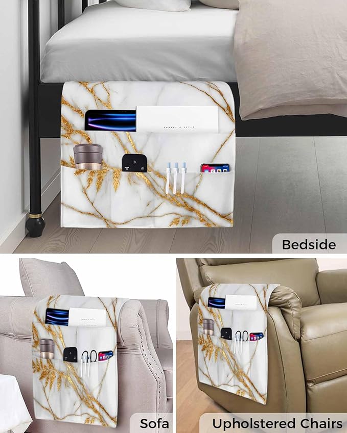 Sofa Armrest Organizer Bedside Caddy, White Yellow Marble Non Slip Couch Remote Control Holder for Recliner, Ink Painting Modern Art Armchair Caddy with Pocket for Magazine, Phone, 19.7"x35"