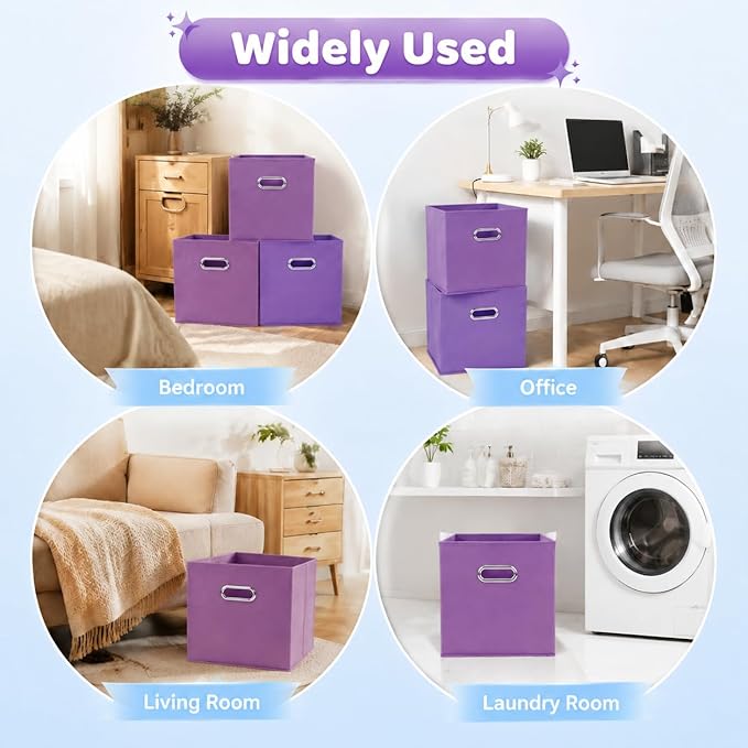 6 Pack Storage Bins, 10.4 x 10.4 x 11 Inch Foldable Fabric Storage Cubes with Metal Handles for Shelves, Closet, Clothes, Toy(Dark Purple)