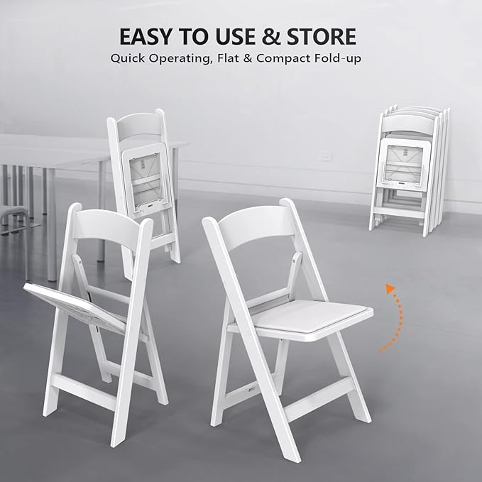 VINGLI White Resin Folding Chair with Padded Cushion, Set of 1, Plastic Foldable Seat for Indoor & Outdoor Use, Comfortable Design for Events, Parties & Home (1, White, M)