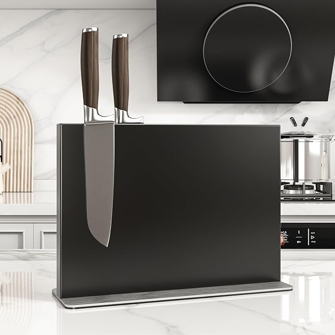 THMINS Magnetic Knife Holder, Double-Sided Magnetic Knife Block, 304 Stainless Steel Knife Holder for Kitchen Counter, Black Knife Stand