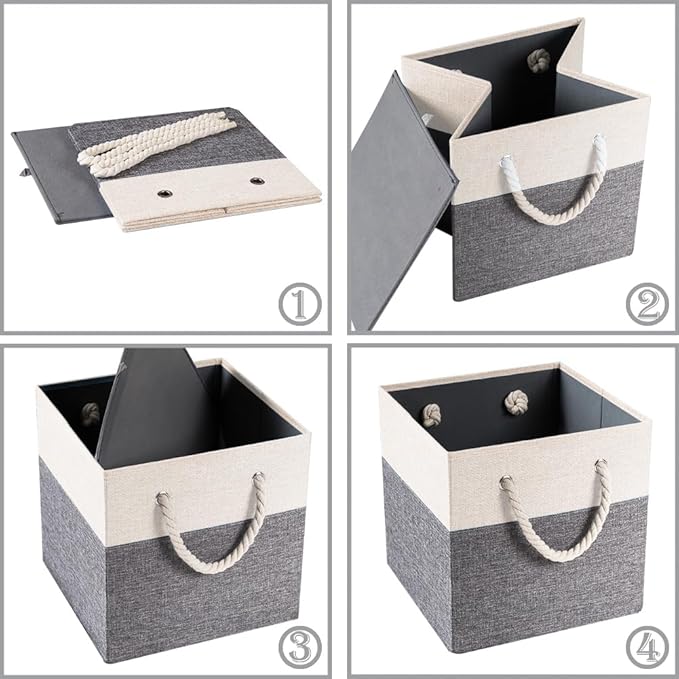 PRANDOM Large Foldable Cube Storage Bins 11x11 inch [2-Pack] Fabric Linen Storage Baskets Cubes Drawer with Cotton Handles Organizer for Shelves Nursery Closet Bedroom White and Grey