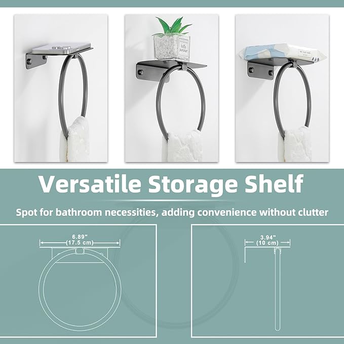 APLusee Gunmetal Gray Towel Ring with Shelf, 304 Stainless Steel Bathroom Towel Holder, Wall Mounted Swivel Loop for Kitchen Shower, Rustproof & Easy to Install