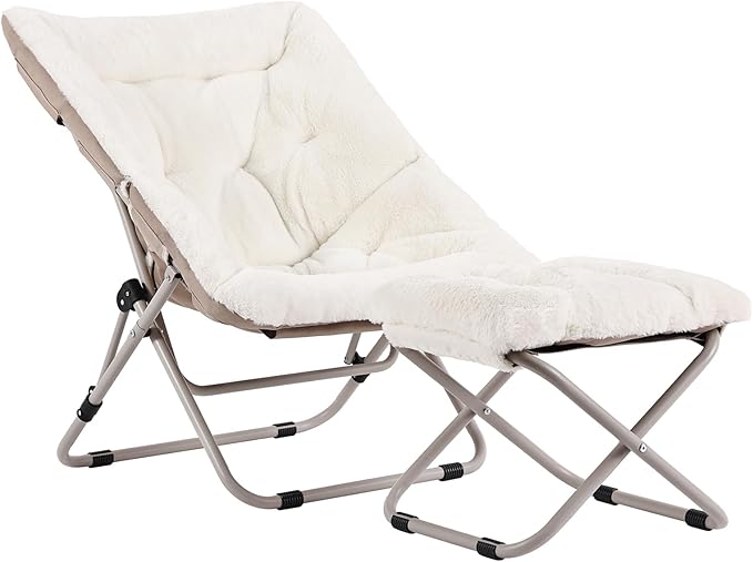 Tiita Folded Chair with Straight Ottoman, Soft Faux Fur Oversized Folding Accent Chair,Lazy Chair, Metal Frame Moon Chair for Bedroom, Living Room, Dorm Rooms, Garden and Courtyard, Beige