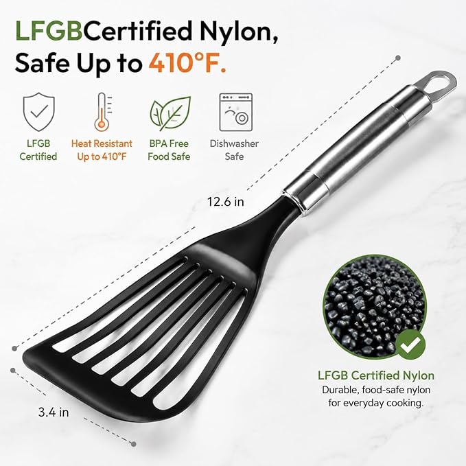 KSENDALO Thin Flexible Nylon Fish Spatula for Nonstick Cookware Fish Spatula Egg Flipper Hollow Steel Handle, LFGB Certified Nylon Thin Blade Sturdy Hollow Handle Dishwasher Safe- Silver/Black
