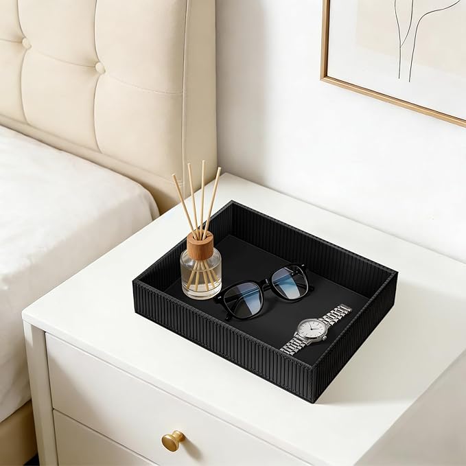 SITHON Valet Tray Desk Organizer, PU Leather Catchall Bedside Vanity Tray Nightstand Caddy Coin Box Key Jewelry Storage Organizer, Graduation Day Father's Gift, Stripe Black