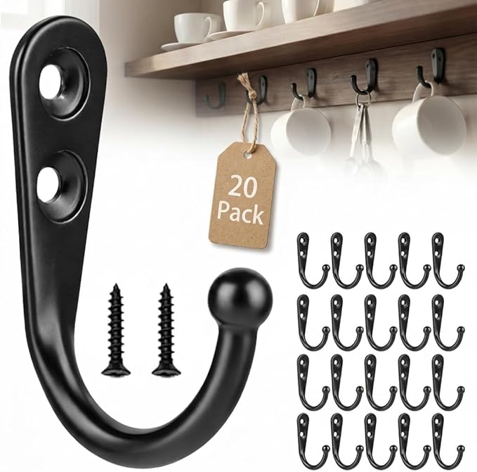 POZEAN 20 Pack Wall Hooks for Hanging, Small Coat Hooks Wall Mounted for Living Room, Bathroom, Kitchen, Bedroom for Key, Cup, Bag, Hat, Scarf, and More (Black)