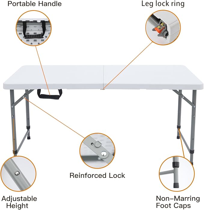 Lakhow Folding Table 4 Foot Portable Heavy Duty Plastic Fold-in-Half Utility Table with Carrying Handle,Indoor Outdoor Small Adjustable Height Folding,Camping and Party,White