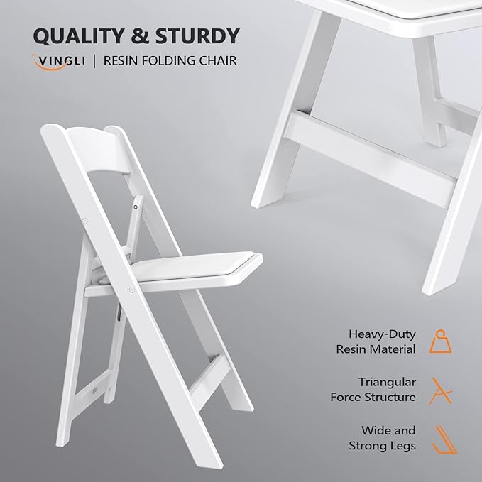 VINGLI White Resin Folding Chair with Padded Cushion, Set of 1, Plastic Foldable Seat for Indoor & Outdoor Use, Comfortable Design for Events, Parties & Home (1, White, M)