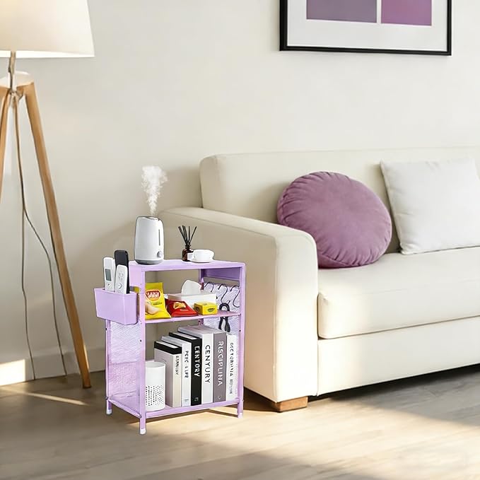 Purple Nightstand, End Table with Hooks and Holder, Kids Nightstand for Bedroom, Toddler Bedside Table, Small Desk for Girls, Coffee Table for Living Room, Dorm, Office (Purple)