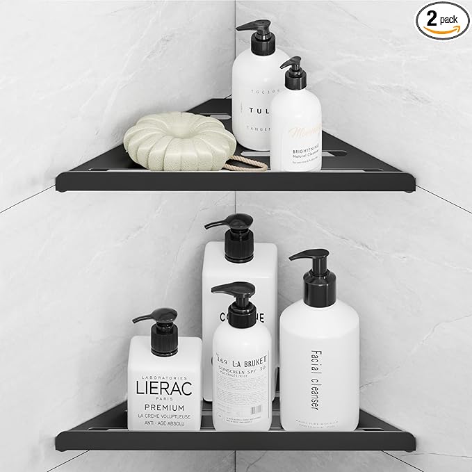 Fikoksol Shower Caddy, 2 Pack Bathroom Corner Shelf, Triangle Shelf Storage for Bathroom Shower, Black Metal Shower Shelf & Rustproof Wall Mounted Adheisve Glue Organizer Accessories and Essentials