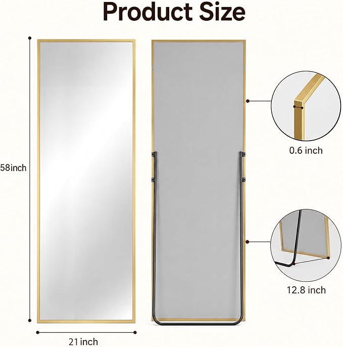 Antok Full Length Mirror, 58"x21" Floor Mirror with Stand, Hanging Mounted Mirrors for Bedroom, Living Room, Cloakroom, Dining Room, Gold, Rect