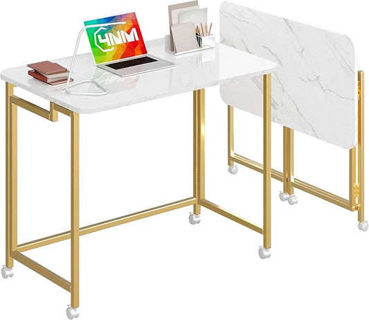 4NM 31.5" Mobile Small Rolling Computer Desk, Folding Laptop Cart Table with Wheels, Portable Office Desk for Small Space Couch Bed - White and Golden