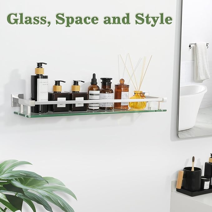 Alise Glass Bathroom Shelves Wall Mounted, 24 Inch Polished Chrome Tempered Floating Shelves Bathroom, Stainless Steel Bathroom Glass Shelf