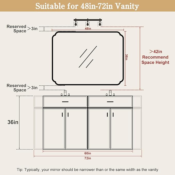 WallBeyond 36" x 48" Wood Bathroom Mirror for Wall Mounted, Rustic Rounded Corner Wood Frame Wall Mirror for Entryway, Living Room or Bedroom Home Decorative, Natural